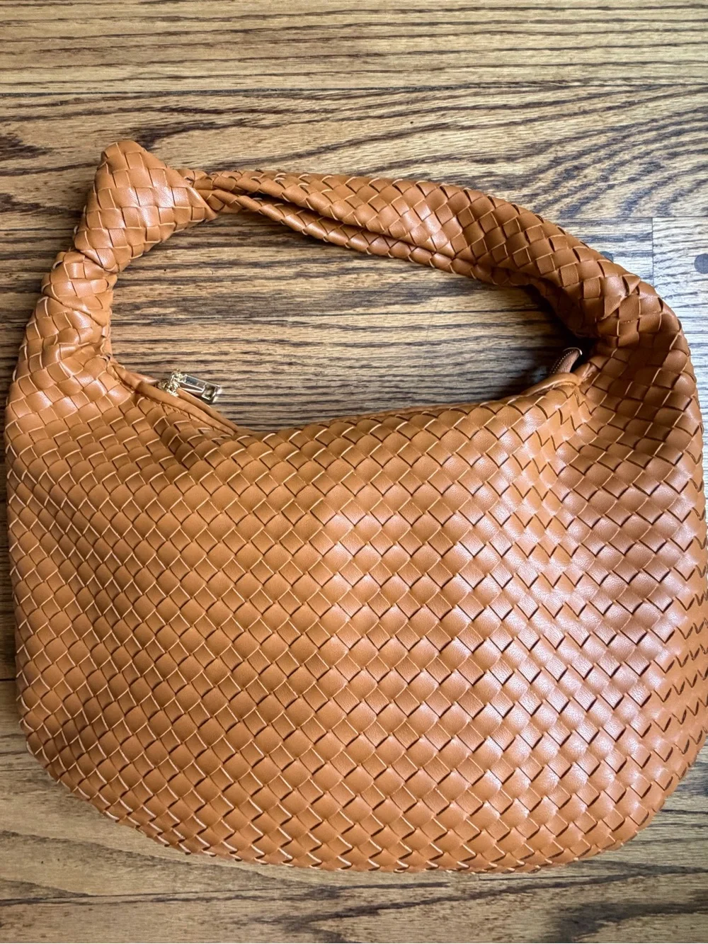 Melie Bianco Hobo Bag Vegan Leather Woven Purse Zipper - Caramel Tan